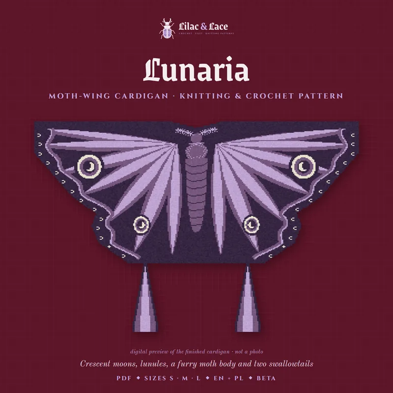 Lunaria moth-wing cardigan knitting and crochet pattern