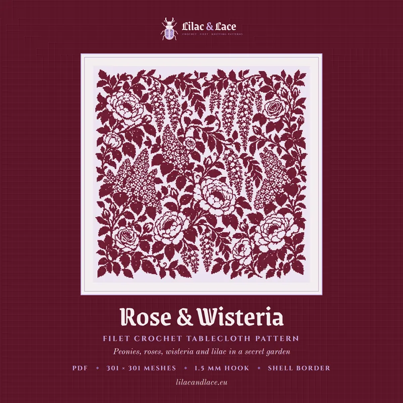 Rose & Wisteria filet crochet tablecloth chart